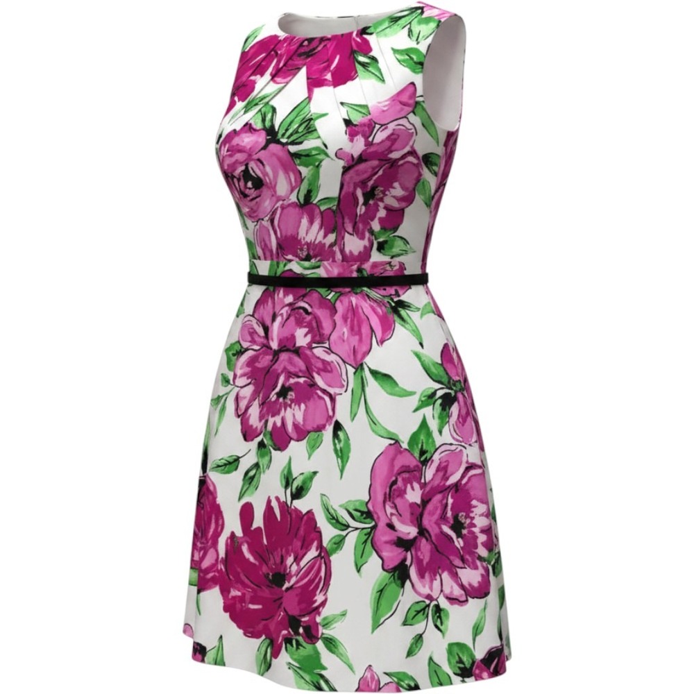 Alyx Limited Fit and Flare Dress Womens 10 White Pink Floral Belted Pleated Neck